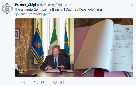 Ape volontaria ufficiale: Gentiloni firma il DPCM