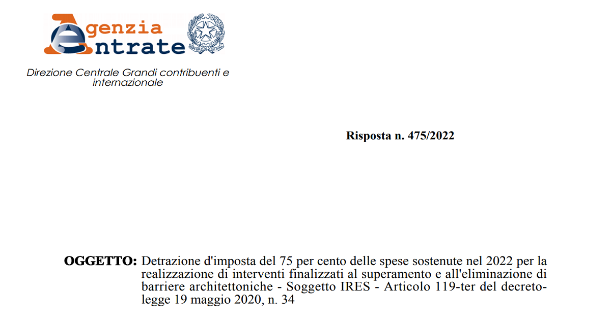 Bonus barriere architettoniche 75 per cento via libera ai soggetti IRES