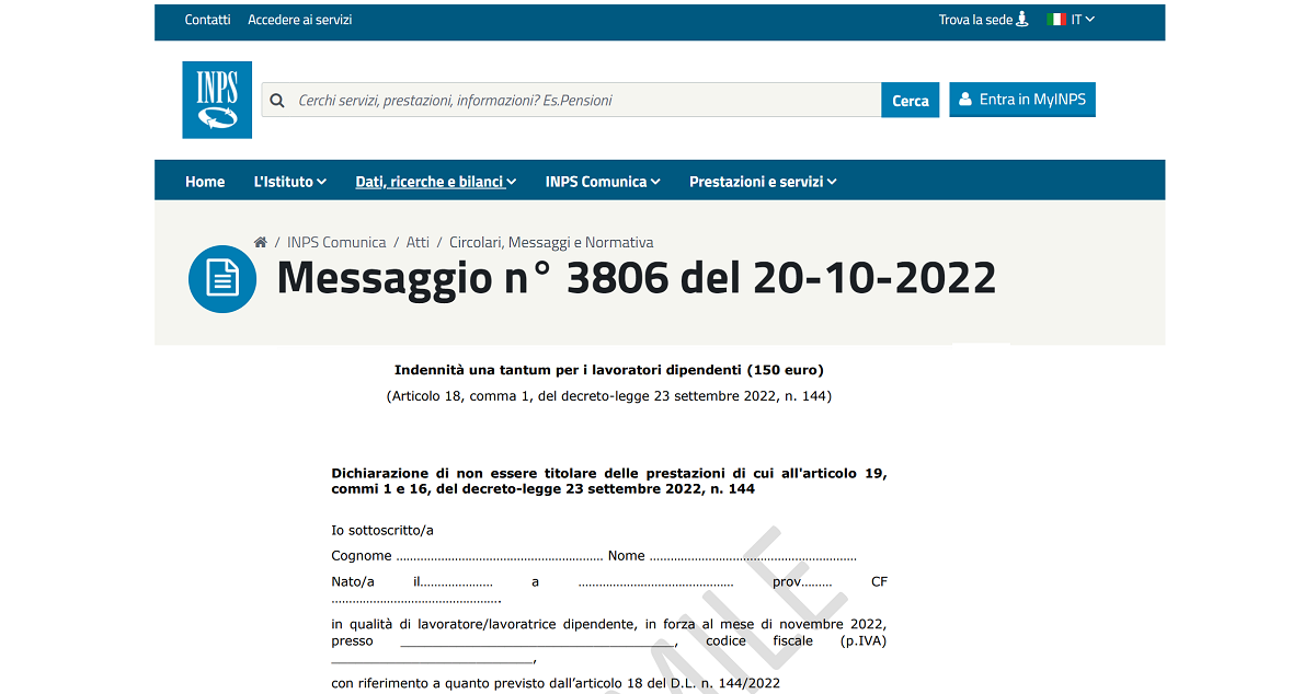 Autodichiarazione bonus 150 euro al datore di lavoro