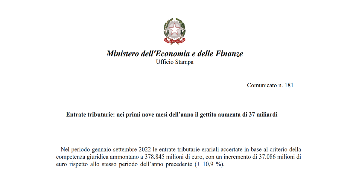Entrate tributarie 2022: gettito in aumento, 378 miliardi nelle casse dello Stato