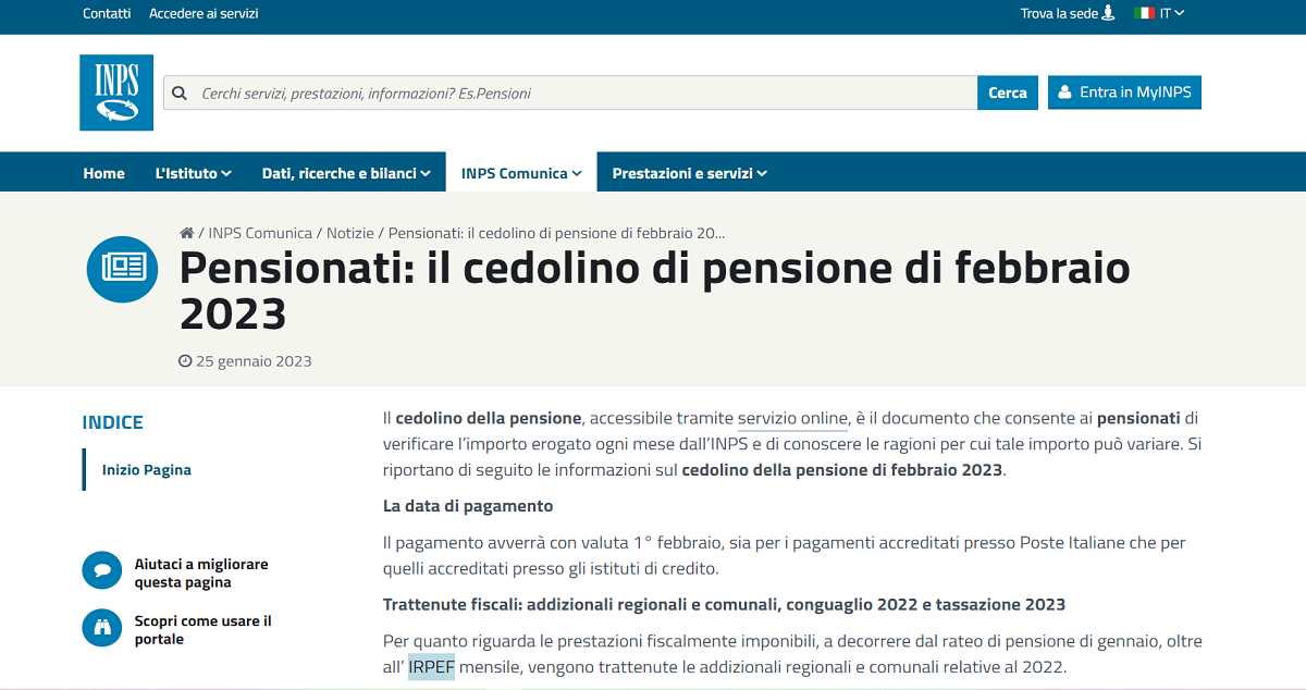 Cedolino pensione INPS febbraio 2023 importo con rivalutazione e trattenute