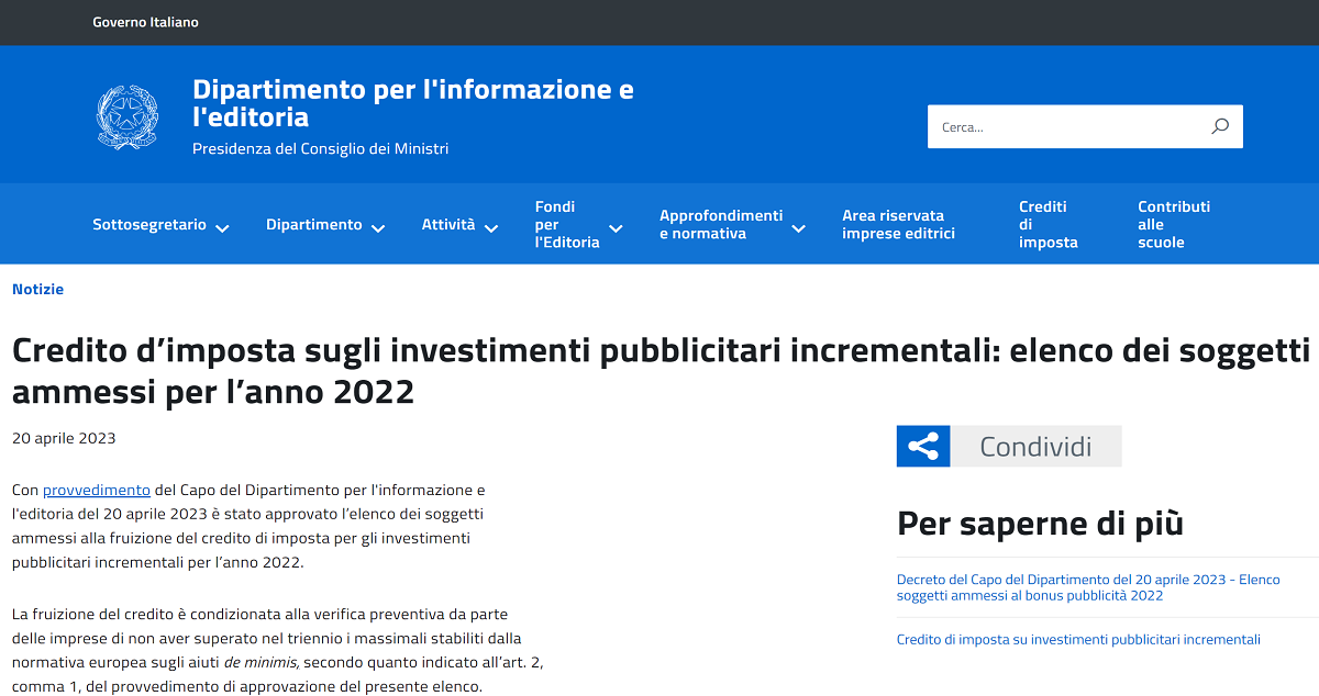 Bonus pubblicità 2023 come fruire del credito d’imposta, le istruzioni per la compensazione