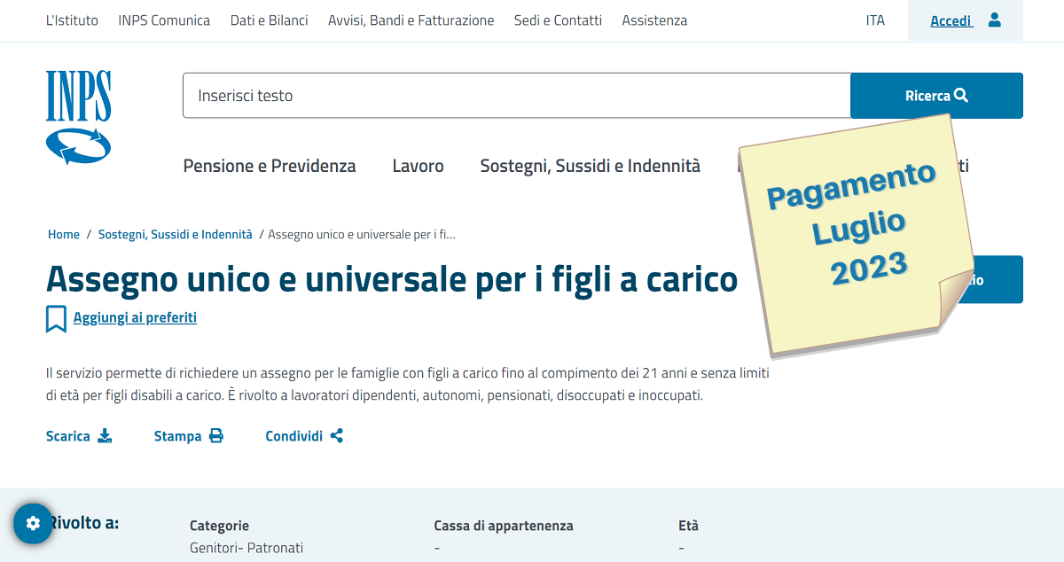 Pagamento assegno unico luglio 2023 in arrivo i versamenti INPS