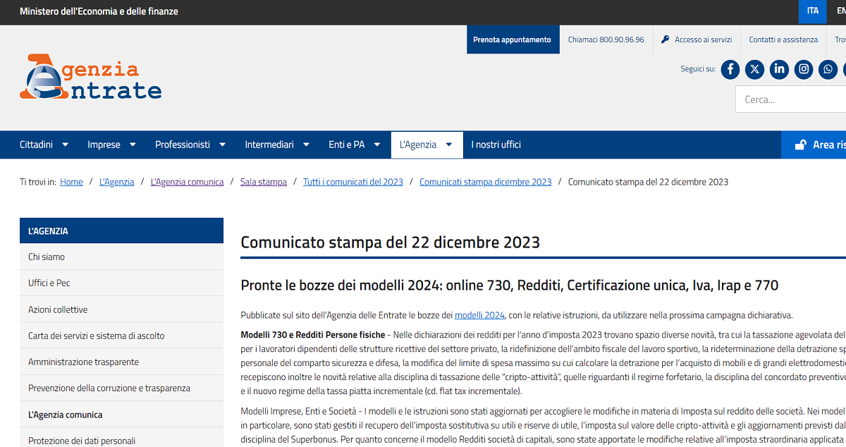 Modello 730, Redditi e CU 2024, l’Agenzia delle Entrate pubblica bozze