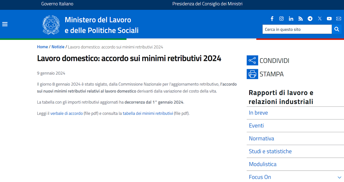 Tabella retribuzioni di colf e badanti 2024