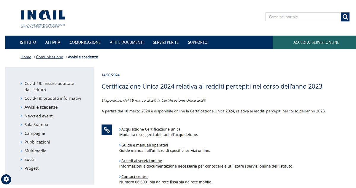 CU 2024 INAIL le istruzioni per scaricare la Certificazione Unica