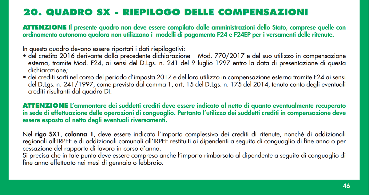 Quadro SX modello 770/2018 istruzioni compilazione