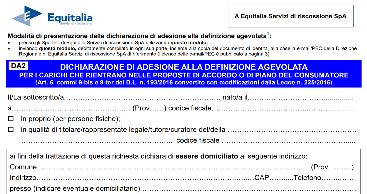 Rottamazione Equitalia istruzioni modulo DA2