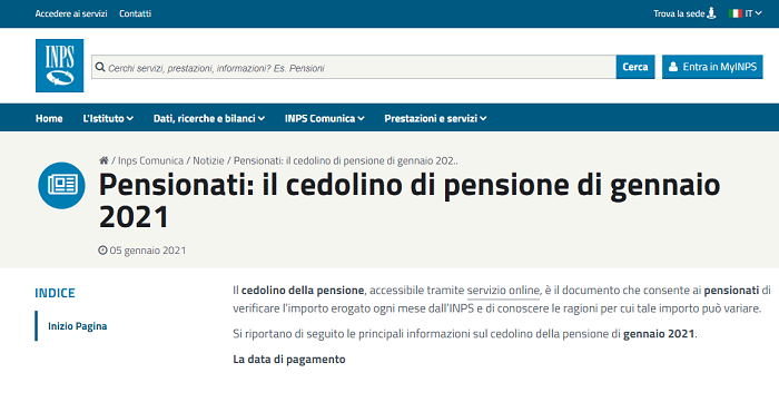 Inps Cedolino Pensione Gennaio 2021 Italia 2021