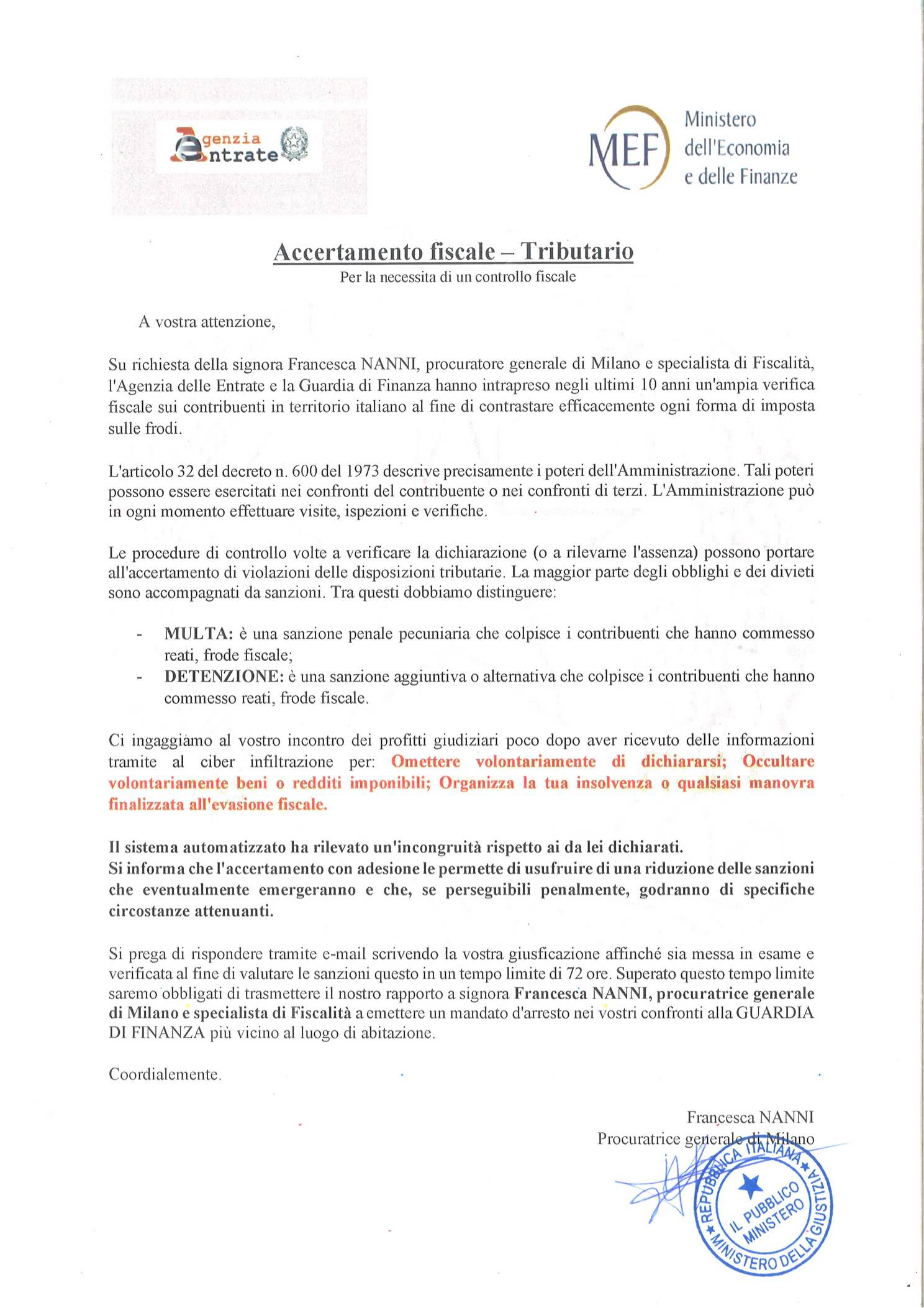 Agenzia delle Entrate - facsimile della comunicazione fraudolenta