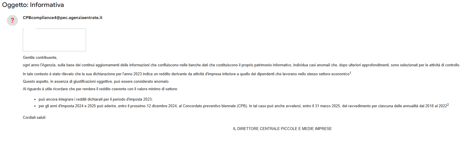 PEC inviata dall'Agenzia delle Entrate