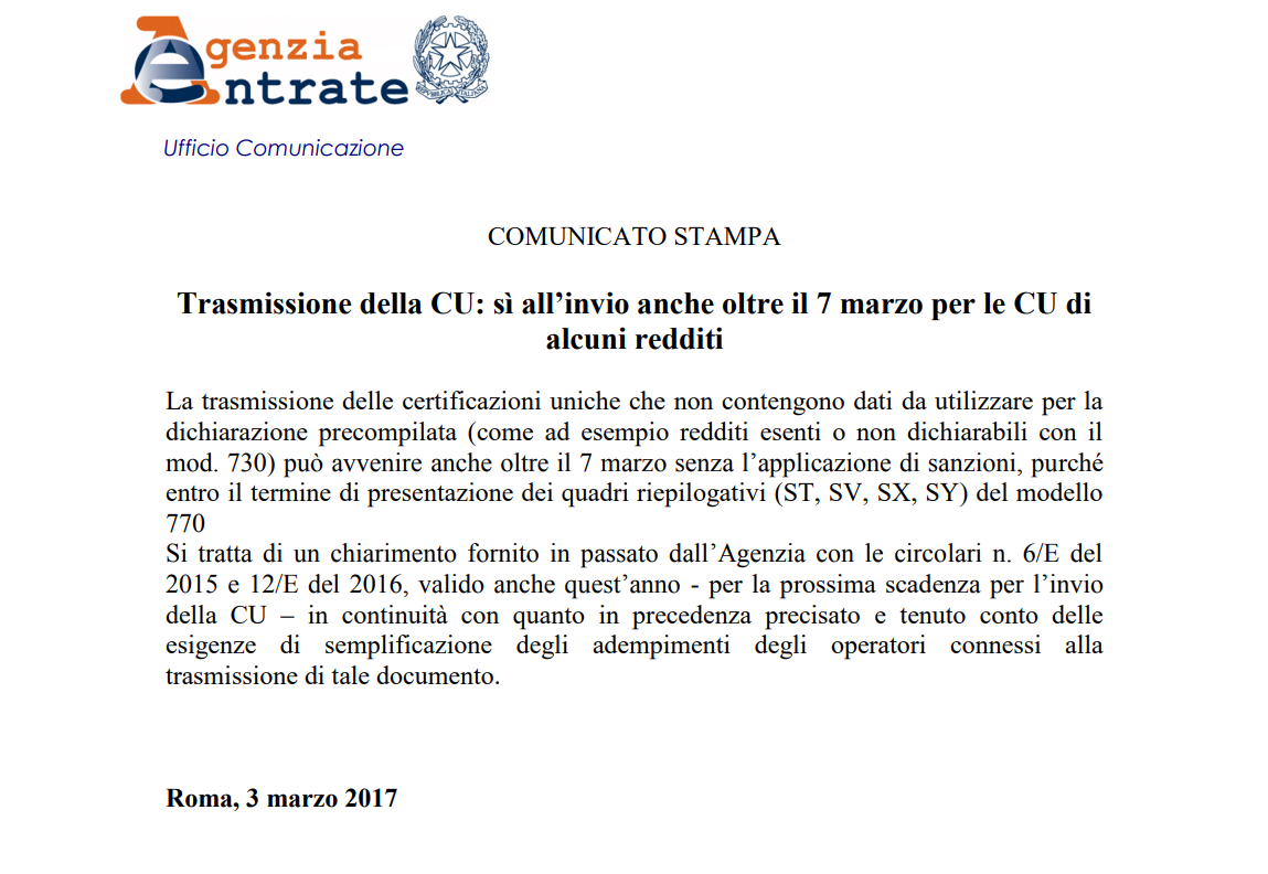 Invio separato modello 770 e certificazioni uniche
