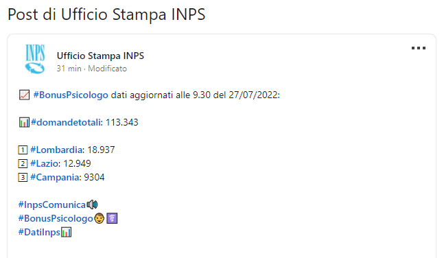 Domande totali bonus psicologo al 27 luglio 2022