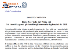 Cinque per mille: l'Agenzia delle Entrate pubblica i dati del 2016