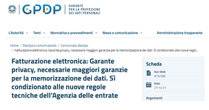 Fattura elettronica, ancora correttivi dal Garante per la privacy su dati memorizzati e operazioni di controllo