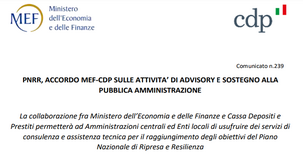 PNRR, accordo tra MEF e Cassa Depositi per assistere le PA