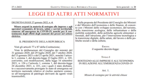 Decreto Sostegni ter 2022, testo in Gazzetta Ufficiale: le novità, dai ristori agli aiuti contro il caro bollette