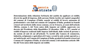 Redditi Campione d'Italia, riduzione forfettaria al minimo: è pari al 30 per cento