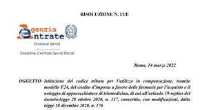 Bonus farmacia per la telemedicina, istituito il codice tributo per utilizzare il credito d'imposta 