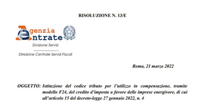 Imprese energivore, pronto il codice tributo per la compensazione del credito d'imposta con F24