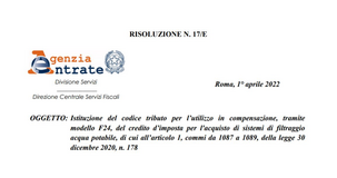 Bonus acqua potabile, pronto il codice tributo per la compensazione del credito d'imposta con F24