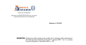 Anticipazione fondo pensione, credito d'imposta per il reintegro solo per le somme dal 2007 