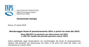 Pensioni: nei primi tre mesi 2022 calo del 19,8 per cento rispetto al 2021