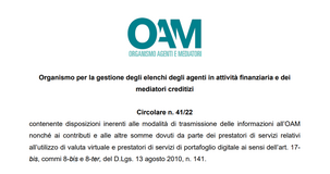 Circolare OAM 41/2022: fissati i contributi una tantum per l'iscrizione al Registro degli operatori in criptovalute
