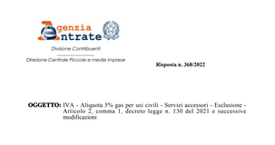 IVA 5 per cento gas, i chiarimenti sulla tassazione ridotta per usi civili e industriali