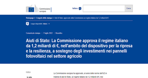 PNRR, dall'UE via libera agli aiuti di Stato per i pannelli fotovoltaici in agricoltura