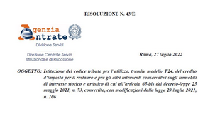 Immobili di interesse storico e artistico: il codice tributo per la compensazione del credito con F24