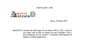 Imposta di registro, esenzione per le cause con valore fino a 1033 euro