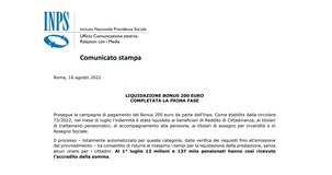 Pagamento bonus 200 euro, INPS: completata la prima fase, a ottobre la seconda