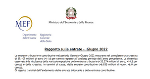 Entrate tributarie e contributive gennaio giugno 2022, dati MEF: 254 miliardi nelle casse statali