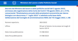 Danno biologico: fissato l'importo dal 1° luglio 2022 per infortunio sul lavoro o malattia professionale