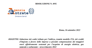 Bonus energia e gas terzo trimestre 2022, pronti i codici tributo per la compensazione