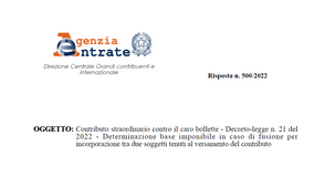 Caro bollette, i chiarimenti delle Entrate sul contributo straordinario nei casi di fusione di società