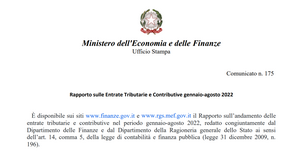 Entrate tributarie e contributive gennaio agosto 2022, dati MEF: 343,7 miliardi nelle casse statali