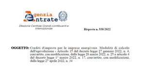 Credito d'imposta imprese energivore, fuori dal calcolo le spese per l'energia rivenduta a terzi