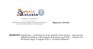 Fotovoltaico e superbonus: ok anche con utenza e contratto di cessione con GSE intestati al comproprietario