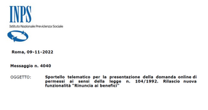 Permessi 104, online il nuovo servizio INPS per la rinuncia ai benefici