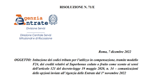 Superbonus, un nuovo codice tributo per cessione o sconto in fattura con comunicazione da novembre 2022