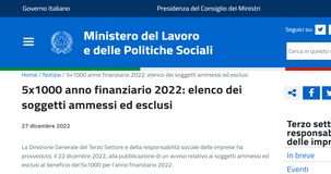 5 per Mille 2022: pubblicato l'elenco degli enti ammessi