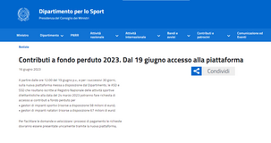 Contributi a fondo perduto per la gestione di impianti sportivi: domande online dal 19 giugno 