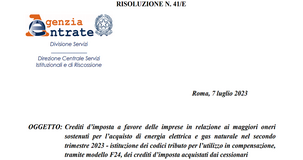 Bonus bollette imprese, i codici tributo per i cessionari dei crediti del secondo trimestre 2023