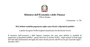 Taglio cuneo fiscale dipendenti pubblici: pagamento con NoiPa a partire dal cedolino di agosto