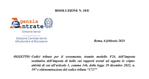 Criptovalute: pronti i codici tributo per il pagamento dell'imposta sostitutiva con F24