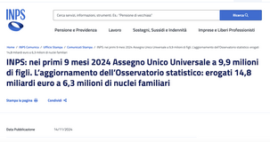 Assegno unico INPS: pagamenti a quota 14,8 miliardi nei primi nove mesi del 2024