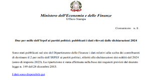 Dal MEF i dati sul 2 per mille: oltre 29 milioni di euro destinati ai partiti politici
