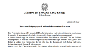 Bollo su fatture elettroniche: nuove modalità di pagamento dal 1° gennaio 2019